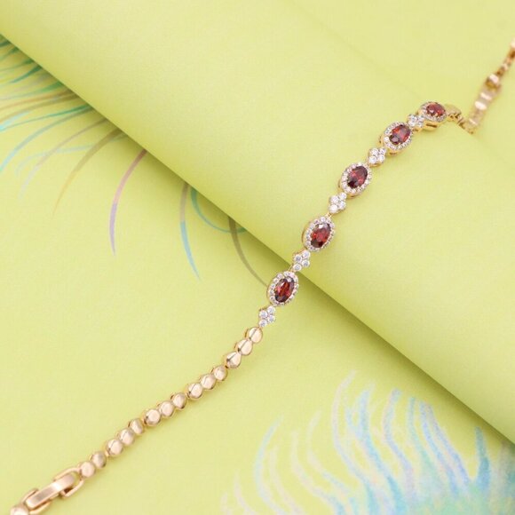 "Rose Gold Plated Red Oval Stone Bracelet with White Accents, XPBL0778 - Picture 8 of 11